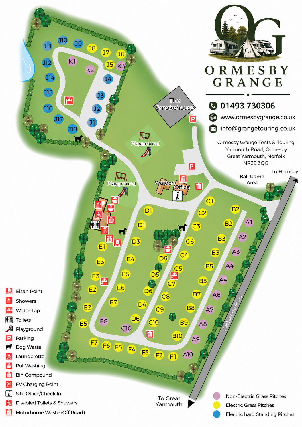 Full illustrated site plan for Ormesby Grange campsite